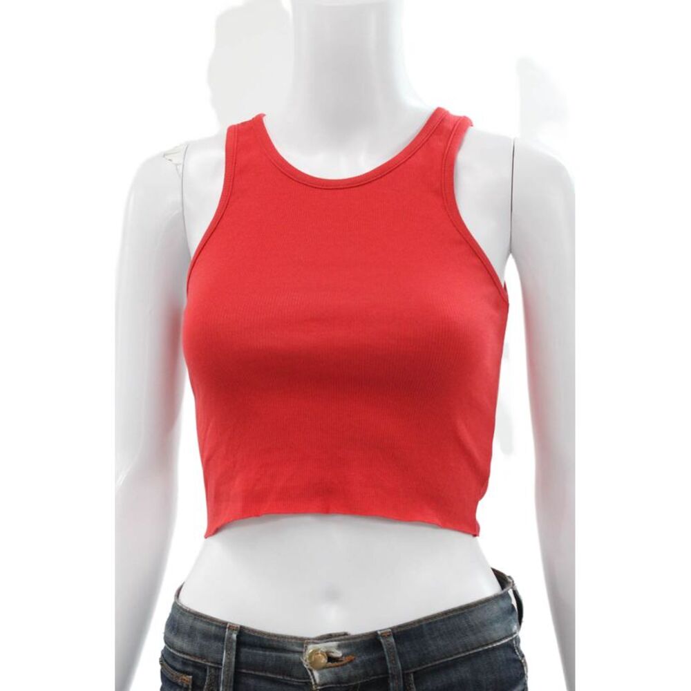 KHY Womens Cropped Tank High Neck Red Sleeveless 95% Cotton Pullover Size XS